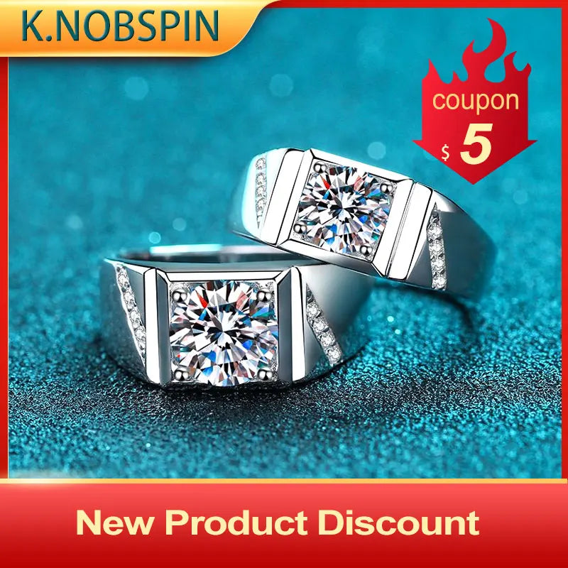 Knobspin D VVS1 Moissanite Men Ring GRA Certified Diamond Sparkling Wedding Band Original 925 Sterling Silver Plated 18k rings