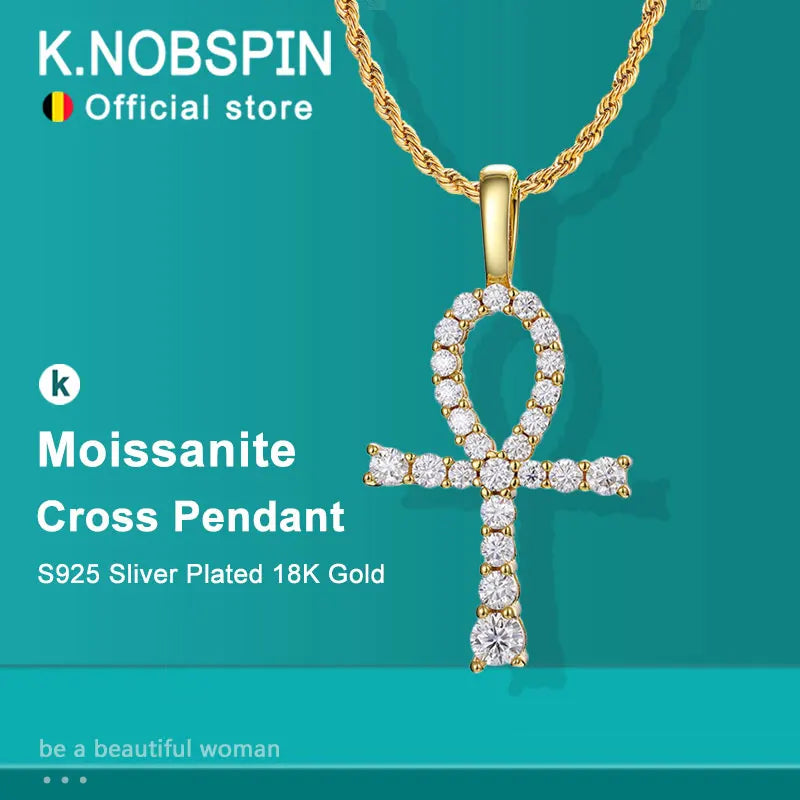 KNOBSPIN D VVS1 Moissanite Cross Pendant Necklace Full Diamond with GRA Wedding Party Jewelry Rope Chain Necklaces for Women Man