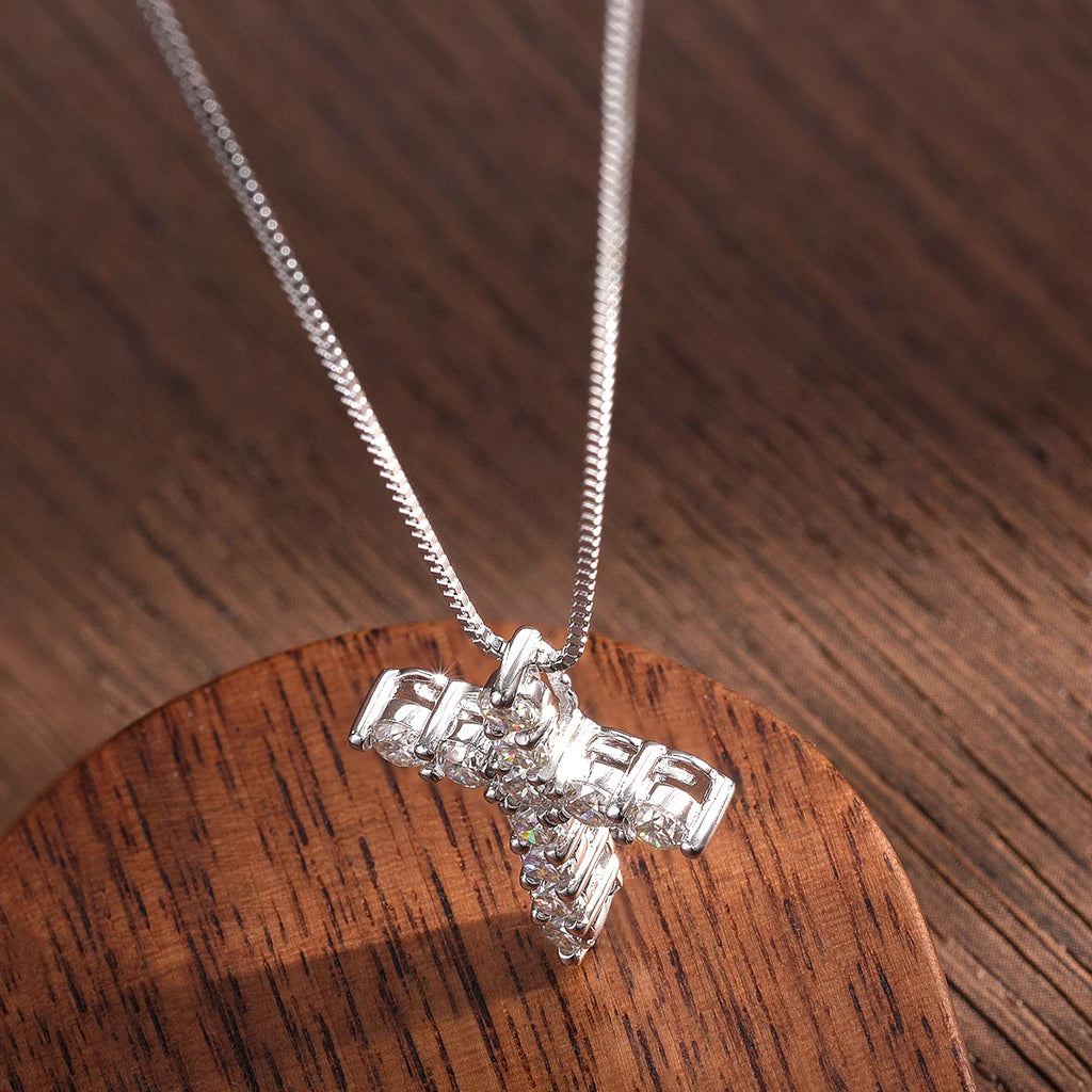 KNOBSPIN D VVS1 Moissanite Cross Pendant Necklace Original s925 Sliver Box Chain Plated 18k White Gold Fine Necklaces for Women