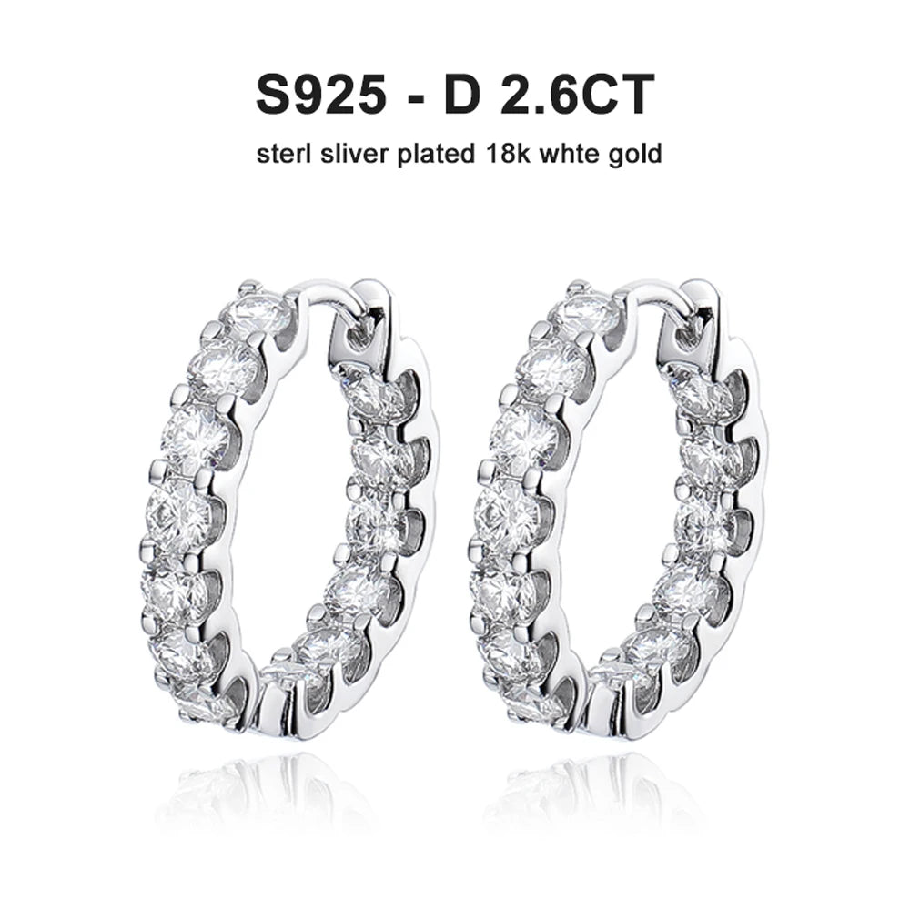 2.6ct D Color Moissanite Hoop Earrings – 925 Sterling Silver, 18K White Gold Plated