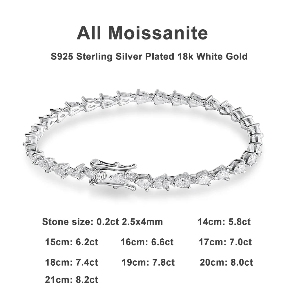 KNOBSPIN D VVS1 Pear Cut Moissanite Tennis Bracelet Diamond GRA s925 Sterling Silver 18k Dainty Tennis Bracelets for Women Man