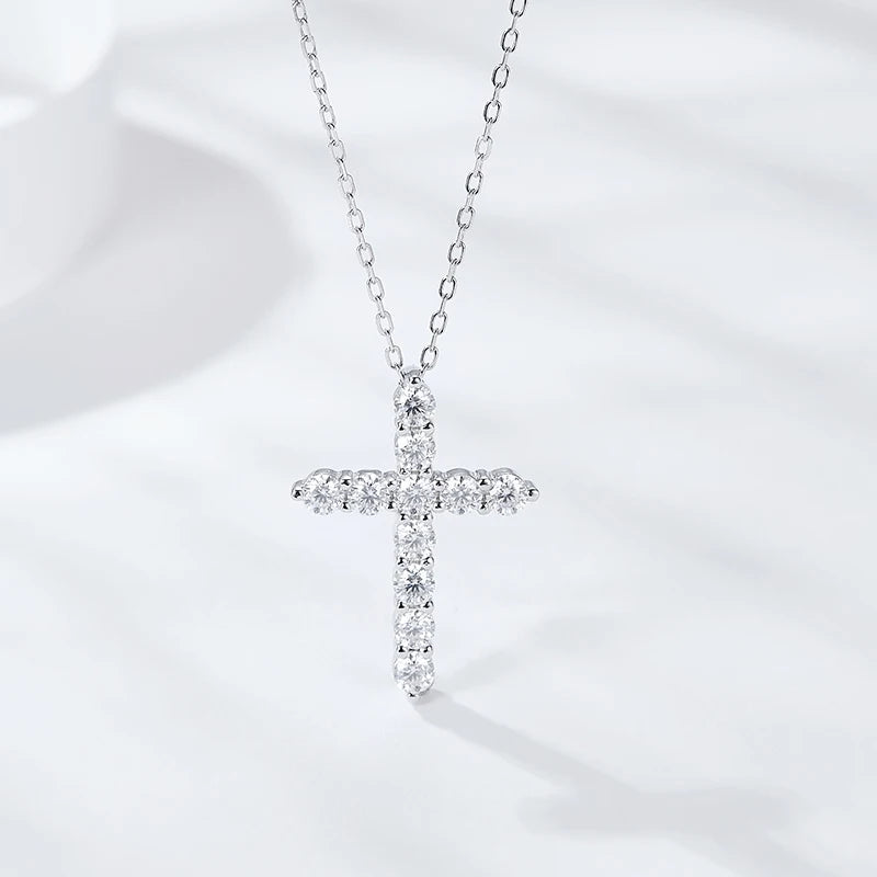 KNOBSPIN D VVS1 Moissanite Cross Pendant Necklace Original s925 Sliver Box Chain Plated 18k White Gold Fine Necklaces for Women