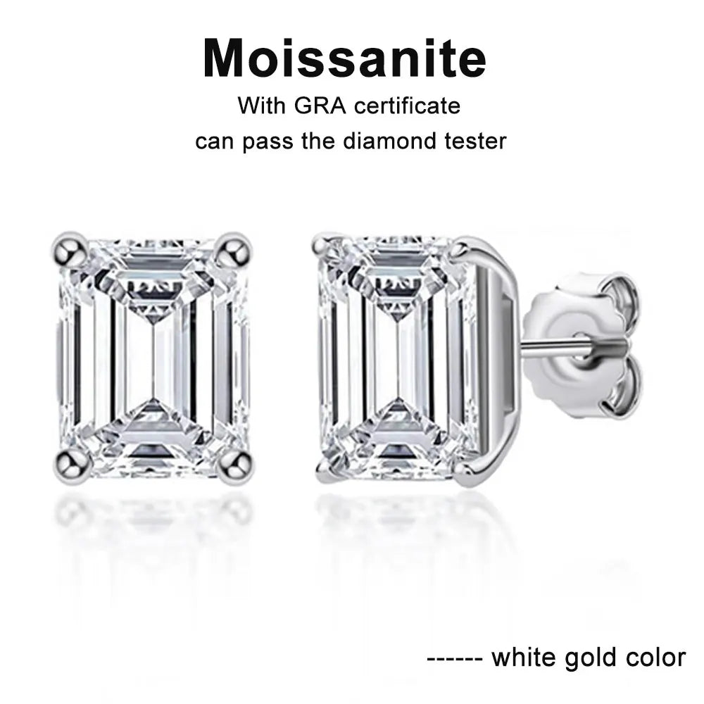 KNOBSPIN D VVS1 Emerald Cut Moissanite Earring s925 Sterling Sliver Plated with 18k White Gold Earrings for Women Fine Jewelry