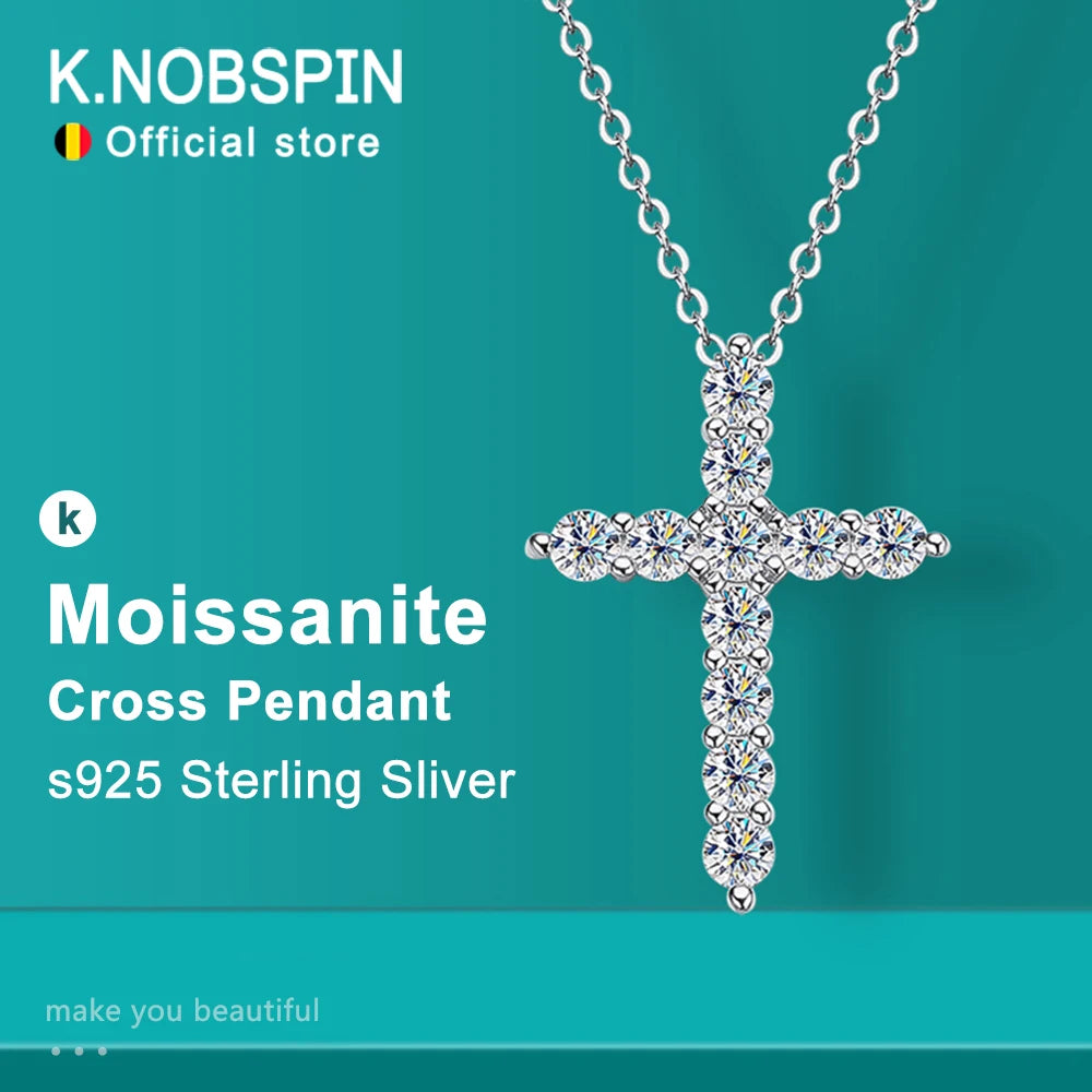 KNOBSPIN D VVS1 Moissanite Cross Pendant Necklace Original s925 Sliver Box Chain Plated 18k White Gold Fine Necklaces for Women
